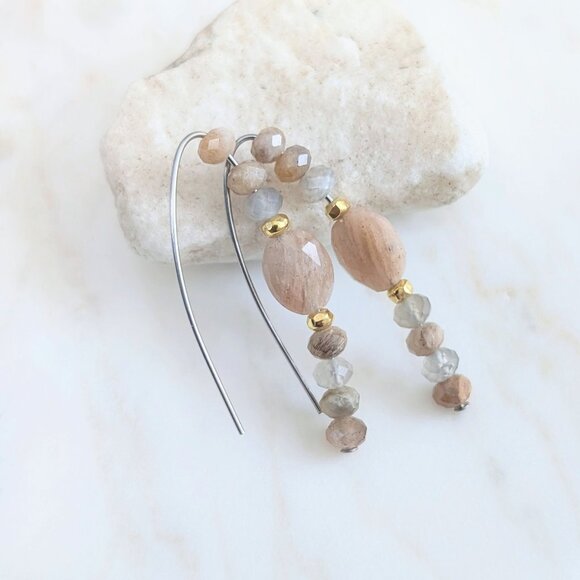 Peach Moonstone and Gold on Steel Hook Dangle Earrings - Picture 1 of 5